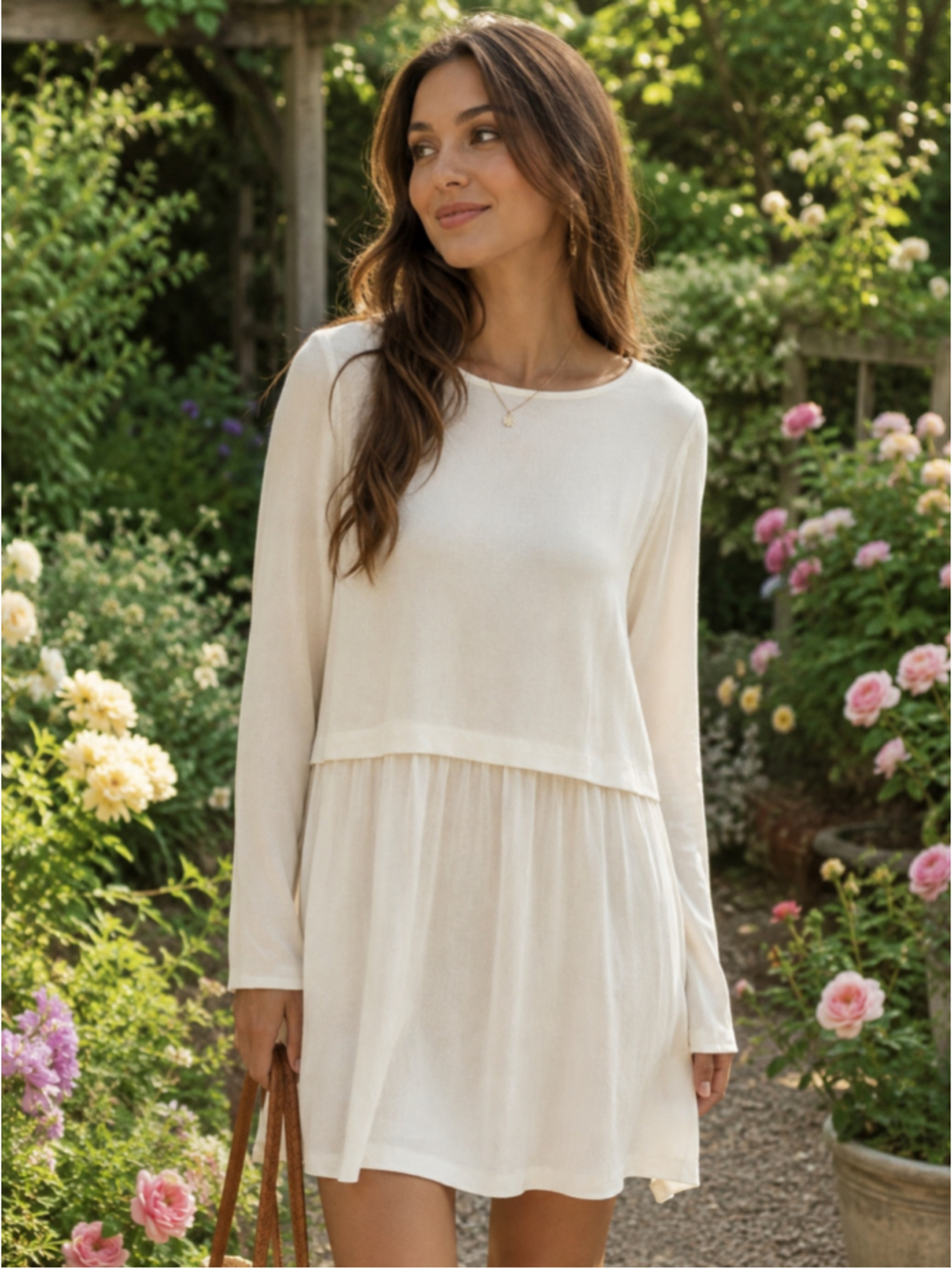 J. Jill Ivory Long Sleeve Layered Crepe Tunic Dress Boho Lagenlook M